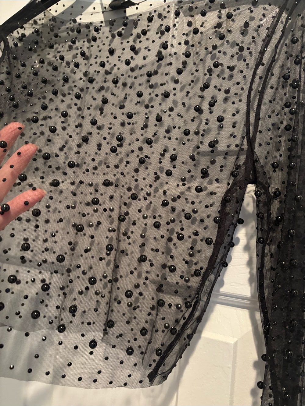 Windsor Sheer Mesh Long-Sleeve Pearl-Embellished Top in black 🖤 - Picture 6 of 12